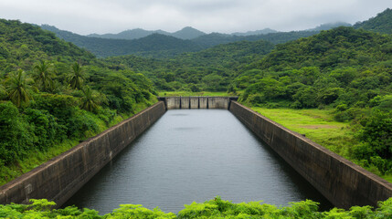 Lush greenery surrounds serene hydropower dam in tranquil landscape