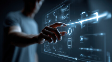 Fototapeta premium A high-quality image featuring man using futuristic touchscreen medical interface, ideal for creative, commercial, or editorial purposes.