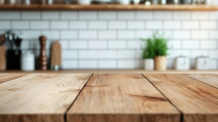 Empty wooden kitchen countertop with blurred background in cozy kitchen