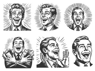 joyful men in suits with radiant expressions and exaggerated excitement Set collection bundle sketch engraving generative ai vector illustration. Scratch board imitation. Black and white image.