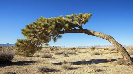A solitary desert tree curves majestically under a blue sky
