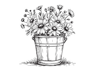 minimalist vector of flower harvest bucket with flowers 