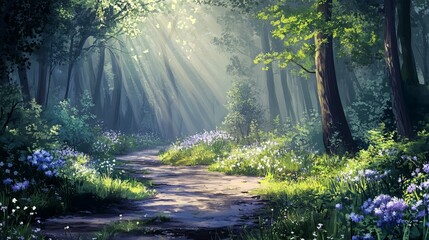 Obraz premium Sunlit forest path with lush greenery and blooming flowers peaceful spring nature scene art day blue