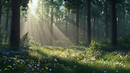 Obraz premium Magical sunlight beams in a lush green forest with wildflowers art calm trees flora woods image