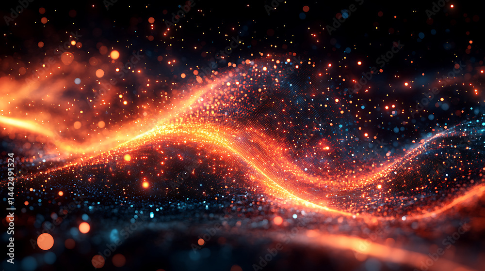 Wall mural abstract glowing particle wave red and blue light digital background sparkling texture modern art fl