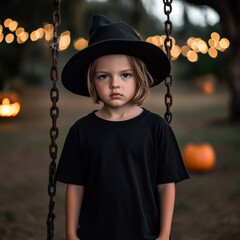 Kids black tshirt mockup. Child model in witch hat, Halloween tshirt mockup. Girls autumn, fall short sleeve tee. Costumed child, scarry holiday background. Blank crewneck tee template