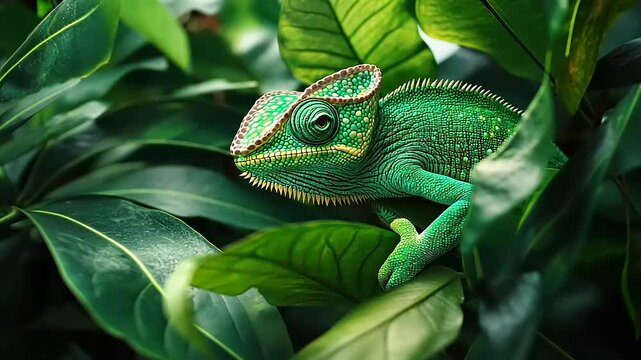 Vibrant Green Chameleon Blends Seamlessly Into Lush Tropical Foliage Serene Wildlife Scene