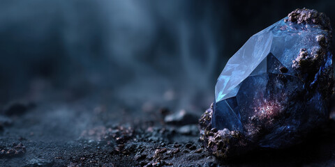 An elegant and clear visual illustration of mystical blue sapphire stone on smoky dark background, ideal for creative, commercial, or editorial purposes.