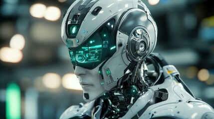 Fototapeta premium A futuristic figure wearing a technologically advanced protective helmet