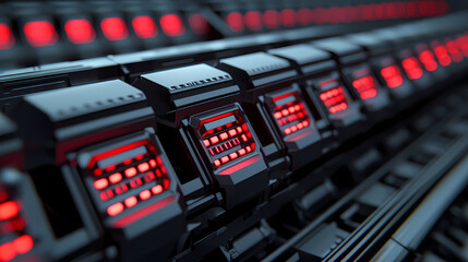 A row of futuristic, illuminated server racks with glowing red lights, suggesting advanced technology and data processing.
