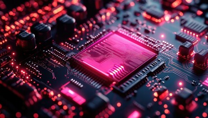 Fototapeta premium Close-up view of a glowing circuit board with central processor.