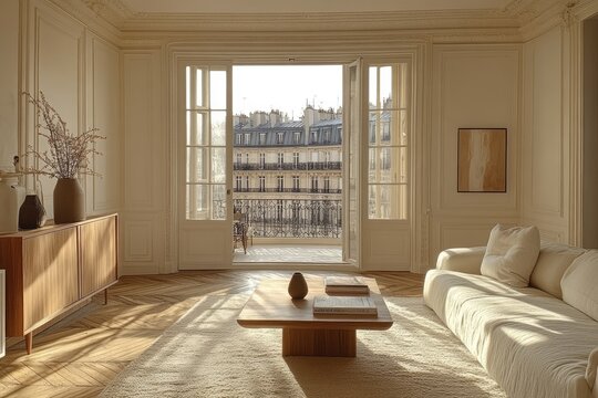 Parisian apartment interior design, bathed in golden light.