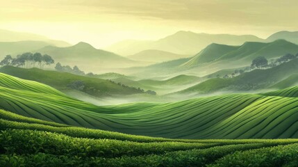 Obraz premium Green Tea Plantation Landscape with Hills and Morning Fog