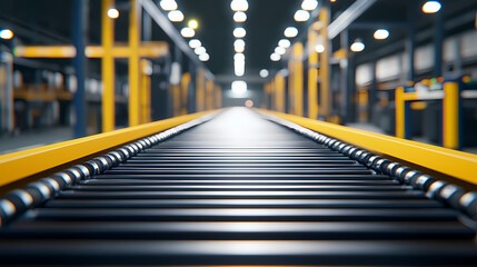 Fototapeta premium A conveyor belt in a modern factory setting, focused on the rollers with an industrial background and bright lighting.