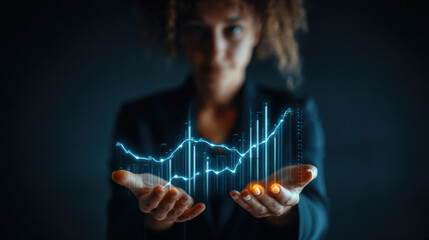 A professional graphic showing professional woman holding virtual bar graph hologram, ideal for creative, commercial, or editorial purposes.
