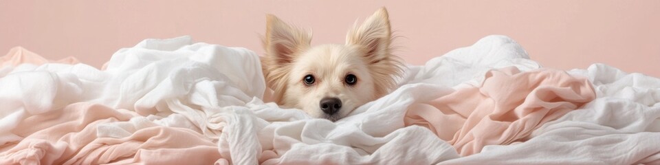 Playful dog searches through laundry pile for lost sock in cozy indoor setting