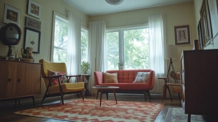 A cozy interior living room with mid century modern furniture