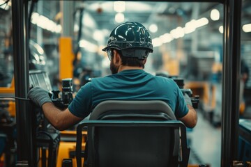 Worker in a helmet operating a forklift in a modern factory  
