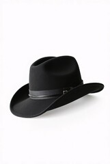 Black felt Montana Hat with a black leather band on a white background.