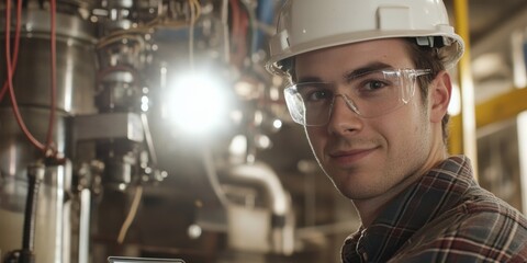 Worker man in safety glasses smiling next to heavy machinery  
