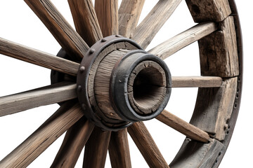 Close Up Of Weathered Wooden Wagon Wheel isolated on a transparent background