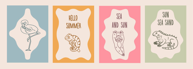 Hand-drawn doodle cards imitating ink pen style featuring exotic animals like flamingo, chameleon, sloth, and iguana, ideal for summer projects and tropical designs.