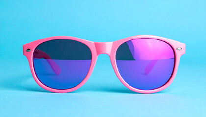 Pink retro sunglasses on a blue light wallpaper studio background