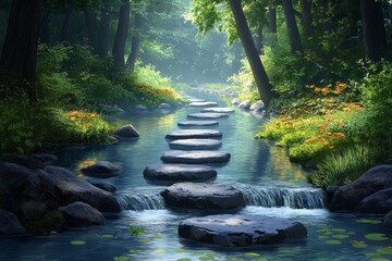 Serene forest stream, stone path, tranquil scene, nature meditation