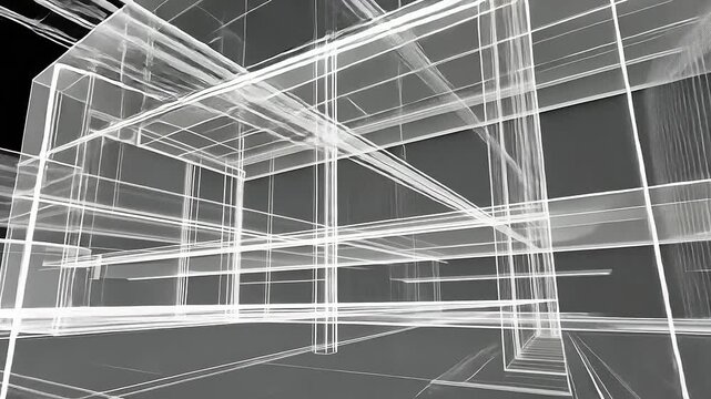 Abstract architectural wireframe design showcasing structural elements and spatial layout in 3D