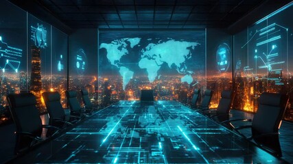 Digital interface showcasing logistics networks and shipping routes across global continents with glowing grids and holographic displays