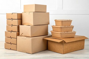cardboard brown delivery packages stacked isolated on white background