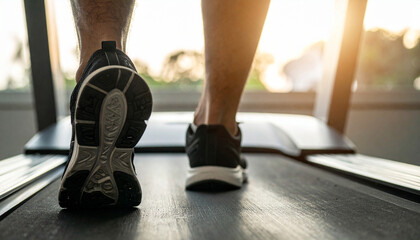 Older male senior legs with sneakers on a treadmill cardio workout for a healthy lifestyle