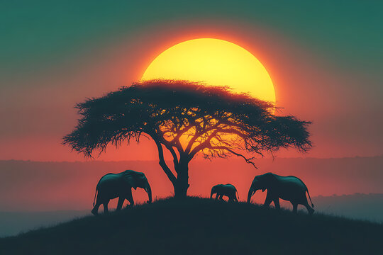 silhouettes of five African elephants and tree at sunset near bush camp in Tanzania, AI generated