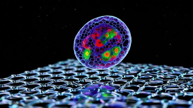 Colorful molecular sphere interaction on nanostructured surface revealing vibrant cellular dynamics - Powered by Adobe