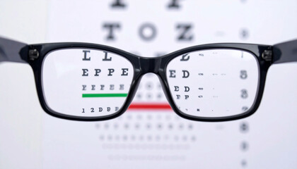 Black Eyeglasses on a white light wallpaper studio background with letters for eye examination test