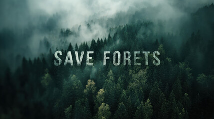 An engaging representation of save forests message in foggy forest landscape, ideal for creative, commercial, or editorial purposes.