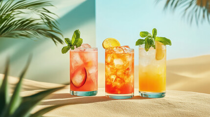 of vibrant non-alcoholic cocktails beautifully arranged on tropical beach.