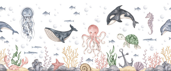Under the sea. Watercolor hand-drawn wallpaper with sea animals and plants of the underwater world. Sea-themed seamless pattern. Cute cartoon border for kids.