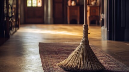 An upright broom resting on a decorative rug indoors near the window