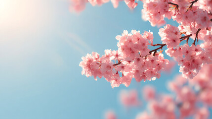 Close up view of pink cherry blossoms on a branch against a clear blue sky in bright sunlight