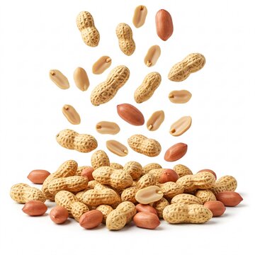 Falling peanuts in shell and peeled isolated on white background