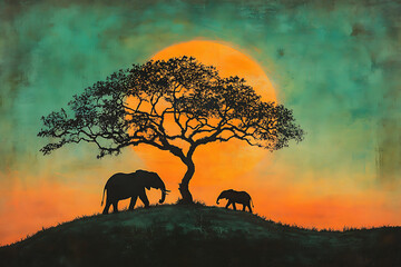 silhouettes of five African elephants and tree at sunset near bush camp in Tanzania, AI generated