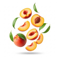 Naklejka premium Peaches, halves and slices with leaves in flight isolated on white background