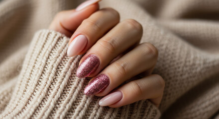 Pink Glitter Nails & Nude Manicure: Cozy Winter Nail Art Ideas, Chic Fall Fashion