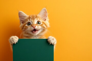 Isolated kitty on a solid clothing bright orange background. Kitten ad visual. Pet smile for marketing. Ð¡ute cat turkish van hold in front paws a wireframe - large green road sign. Cat photo.