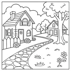 Landscape house in the summer Line-art Coloring book page for kids
