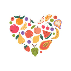 Different fruits and berries in shape of heart. Fruits heart. Heart made of fruits t-shirt print. Flat design, doodle style. Vector.