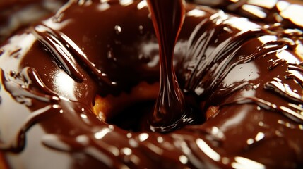 Delicious dark chocolate syrup pouring and coating a delightful pastry