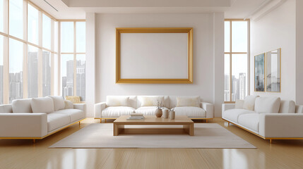 Fototapeta premium Modern luxury living room with white sofas and large gold frame in bright minimalist interior with city view