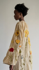 Side Portrait of Model in Butter Yellow Linen Tunic with Embroidered Floral Sleeves

